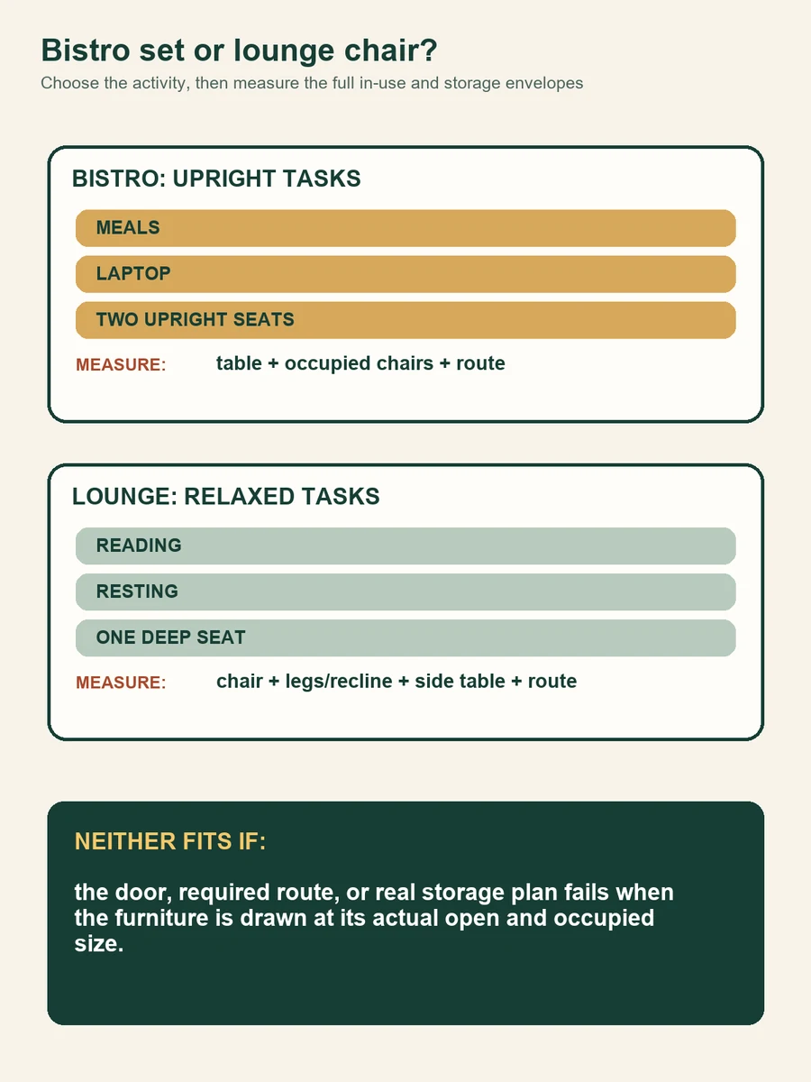 A comparison diagram says a bistro set suits meals, laptop use, and two upright seats, while a lounge chair suits reading, resting, and one deep seat. It lists the full in-use areas to measure for each.