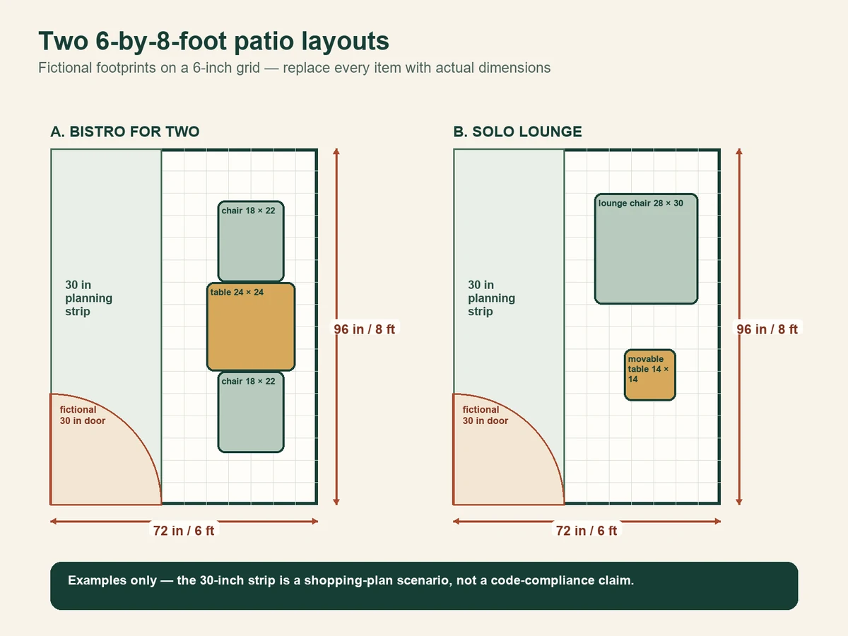Two top-down 6-by-8-foot patio diagrams on a 6-inch grid. One shows a fictional 24-inch bistro table and two 18-by-22-inch chairs; the other shows a fictional 28-by-30-inch lounge chair and 14-inch side table. Both keep a 30-inch strip and door swing free of furniture.