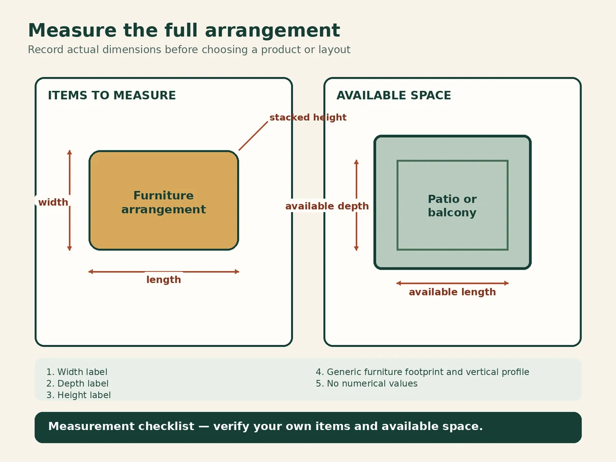 Mobile-readable measurement diagram labeling width, depth, and height around a generic covered furniture arrangement, with no numerical dimensions.