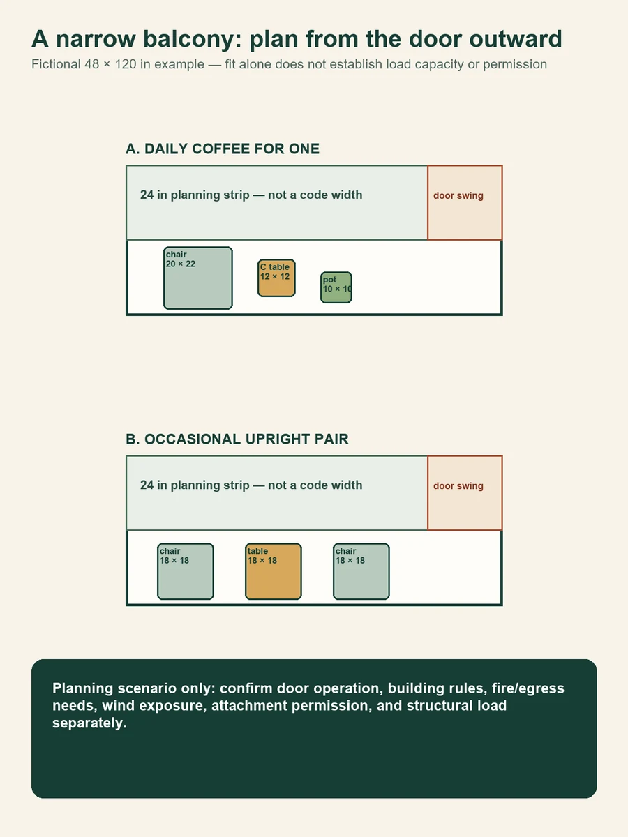 Two top-down fictional 48-by-120-inch balcony plans. One has a single coffee chair, small C table, and movable pot; the other has two compact folding-chair footprints and a table along one side. Both keep a 24-inch planning strip and door swing free.