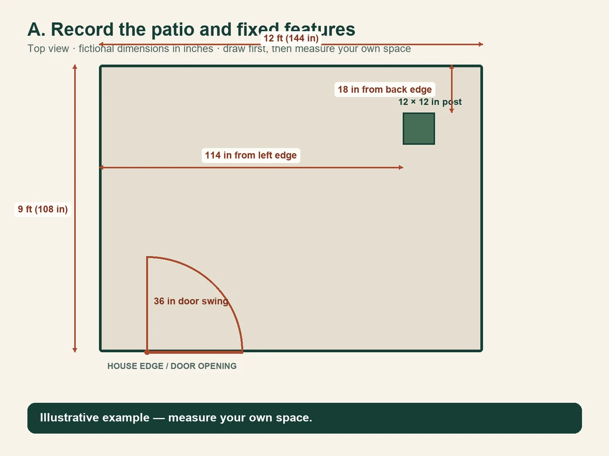 Top-view diagram of a fictional 12-by-9-foot patio with a 36-inch door swing and a 12-by-12-inch post located from two edges.