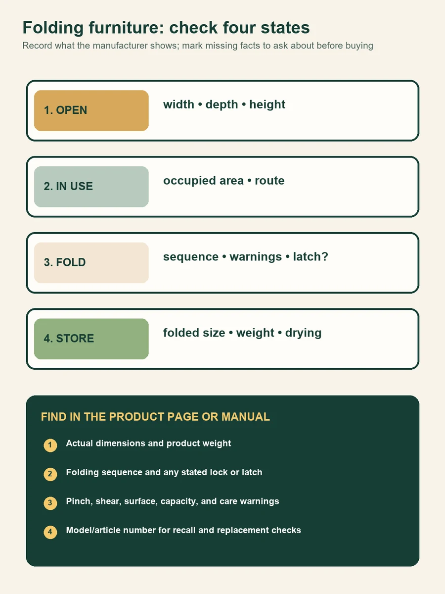 A four-step checklist for folding outdoor furniture: measure it open, map it in use, verify the documented folding sequence and warnings, then record its folded size, weight, drying, and storage needs.